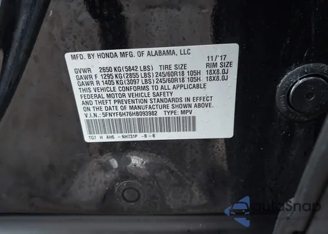 2017 Honda Pilot Ex-L from USA, damaged, VIN 5FNYF6H76HB093982